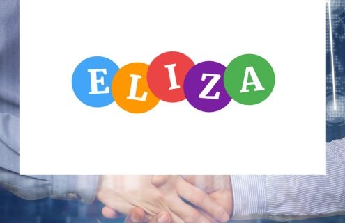 Logo von ELIZA mit bunten Kreisen in Blau, Orange, Rot, Lila und Grün auf weißem Hintergrund – im unteren Bereich Handschlag zweier Personen als Zeichen der Zusammenarbeit.