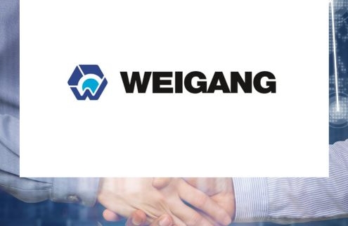 Logo der Firma WEIGANG mit blauem W-Symbol und schwarzem Schriftzug vor weißem Hintergrund – im unteren Bereich ein Handschlag als Zeichen für Partnerschaft.